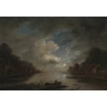 Neer, Aert van der(1603 Amsterdam 1677)Nachfolger Flusslandschaft bei Vollmond. Öl auf Holz. Verso