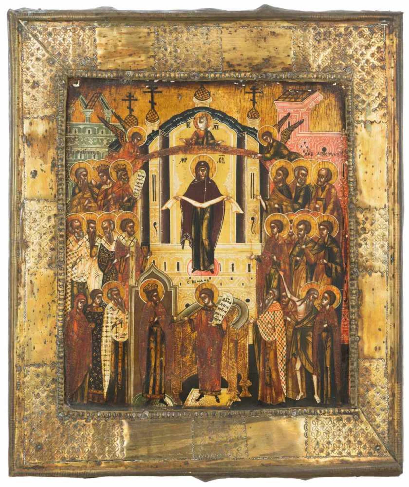 Gottesmutter Pokrov mit BasmaRussisch, 19.Jh. (1) Ikone. Tempera über Kreidegrund auf Holz.