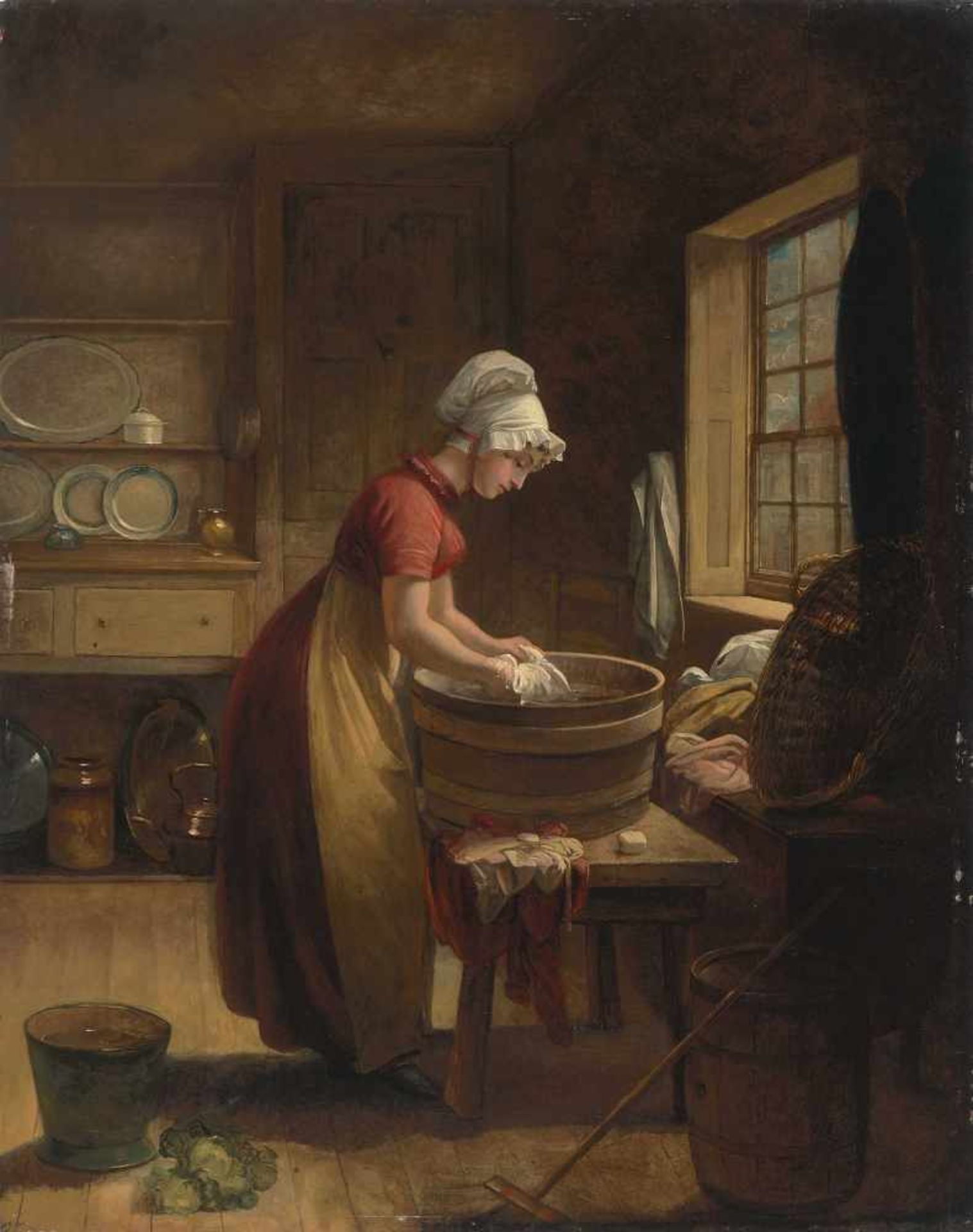 Anonym, Anfang 19.Jh.Die Wäscherin. 1810. Öl auf Holz. Unten rechts Reste einer Signatur und