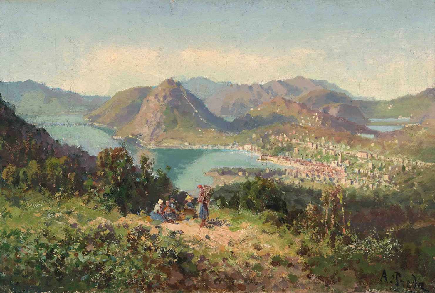 Preda, Ambrogio(Mailand 1839–1906 Davesco) Lugano, von Cureggia aus gesehen. Öl auf Leinwand.