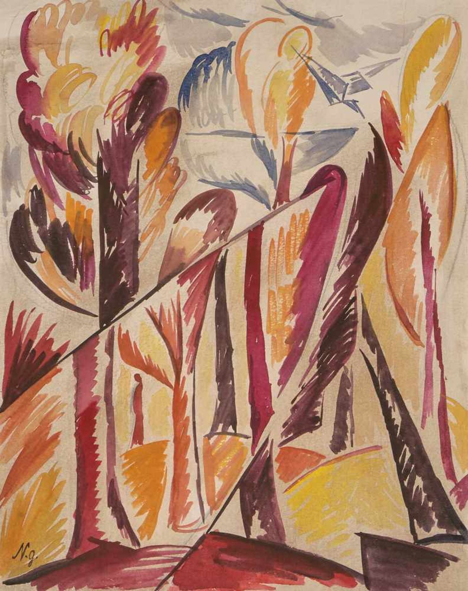 Gontcharova, Natalija(Tula 1881–1962 Paris)"Projet pour 'Les Ermites' (Les arbres)". 1913.