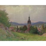 Gos, Albert(1852 Genf 1942)Blick auf Schönenwerd, mit der Stiftskirche im Vordergrund. Öl auf