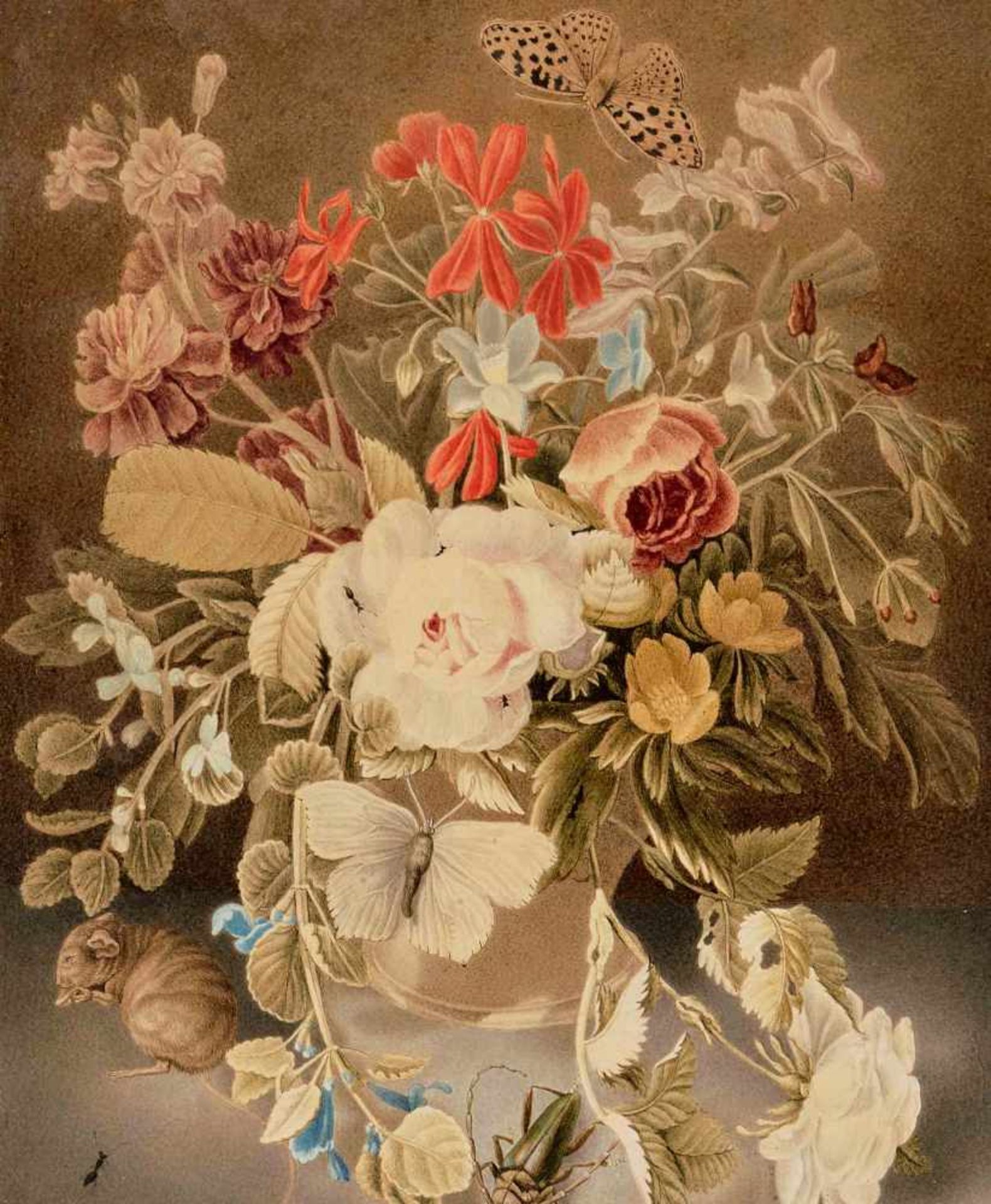 Deutschland, Anfang 19.Jh.Blumenstillleben mit Insekten und einer Maus. Aquarell auf hauchdünnem
