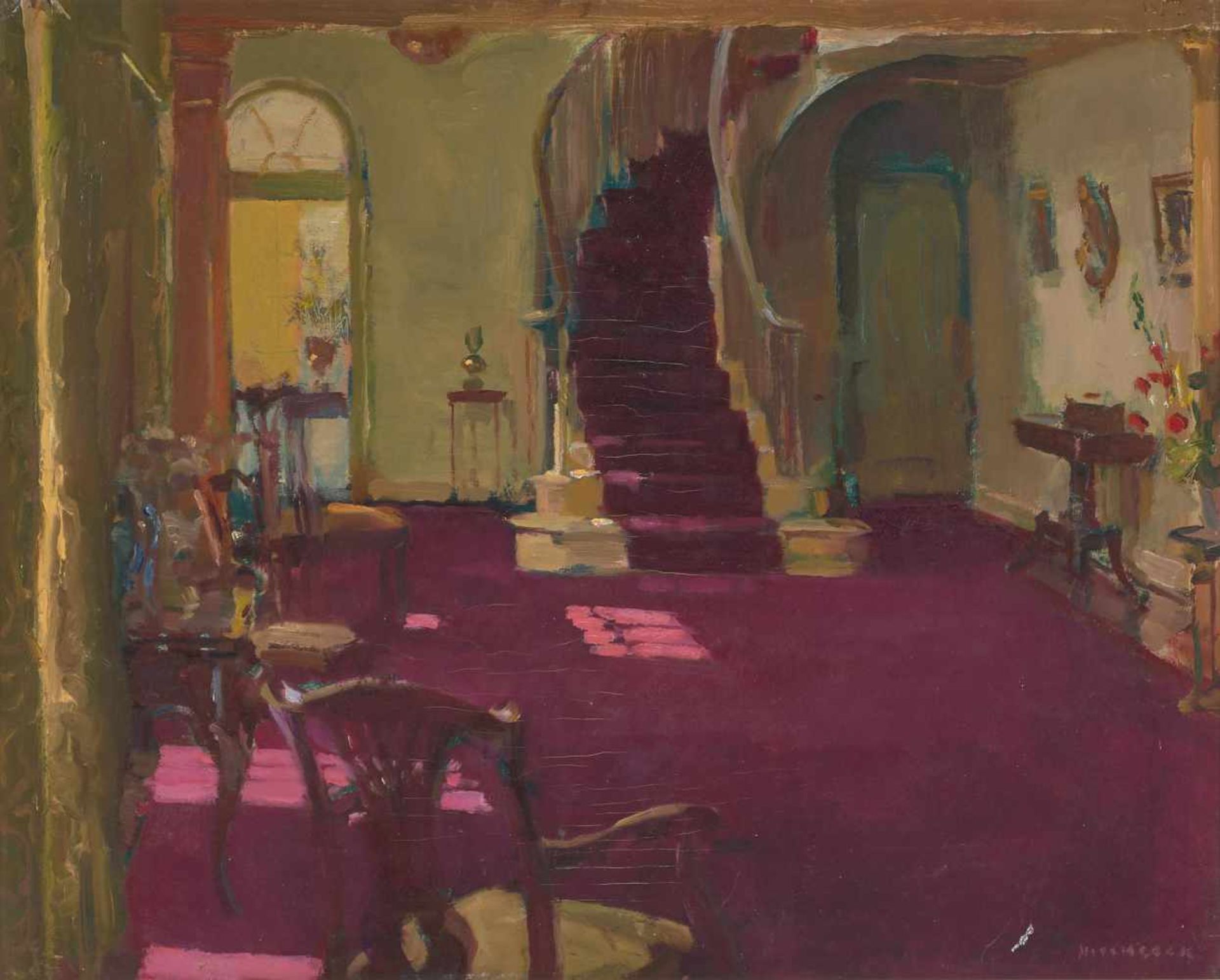 Hitchcock, Theodore Charles Basil(Grossbritannien 1892–1953) Interieur mit violettem Teppich. Öl auf