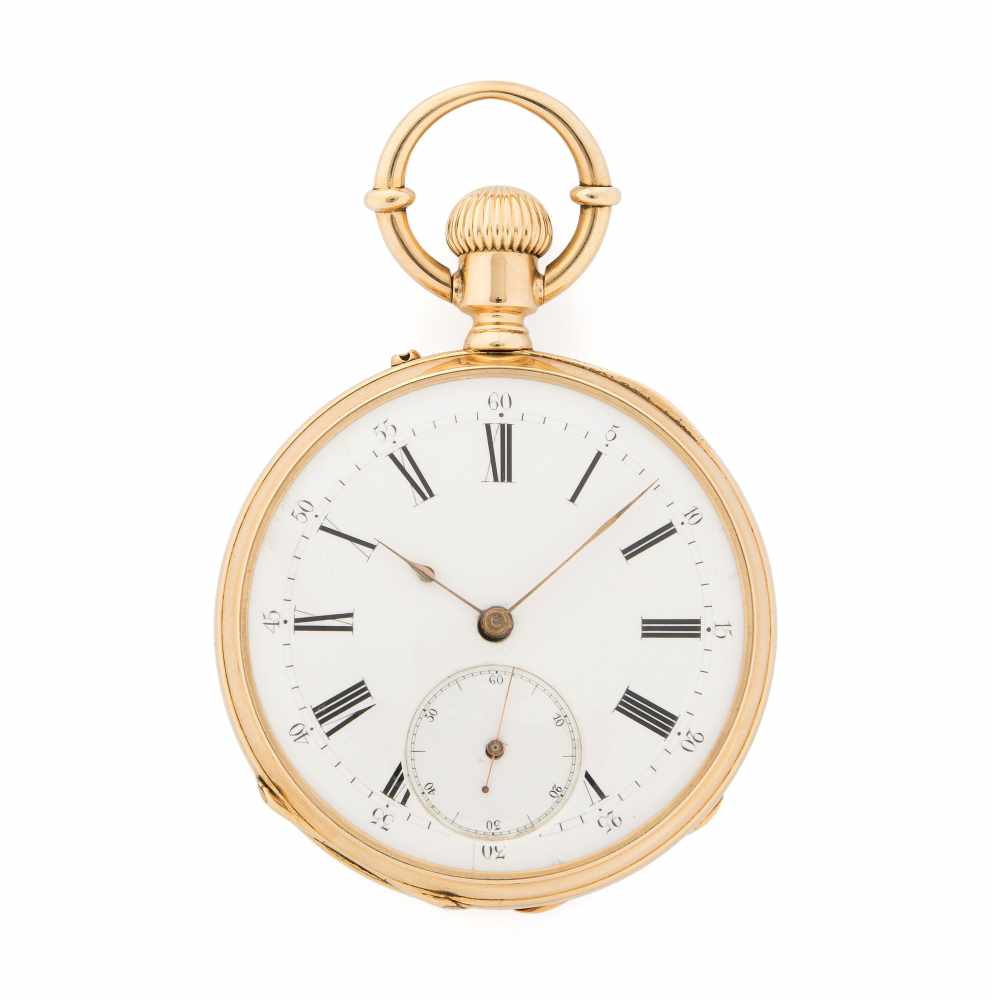 Robert DiethelmRunde, mechanische Taschenuhr um 1900 in 750 Gelbgoldgehäuse ca. 30 g. Rückendeckel