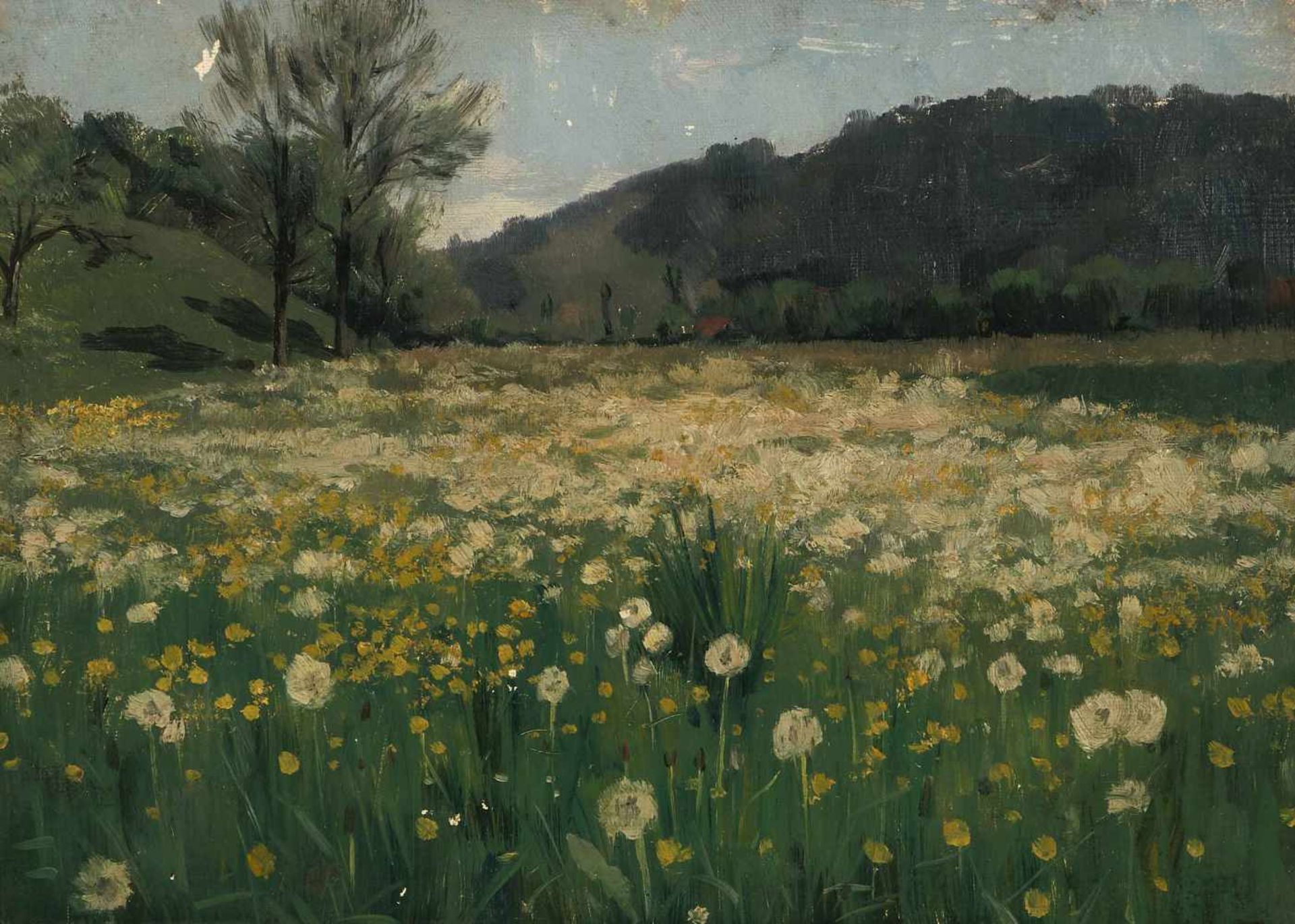 Bachmann, Hans(Winikon 1852–1917 Luzern)"Blumige Wiese". Öl auf Leinwand über Karton. 23,5x32,5