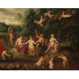 Antwerpen, 17.Jh.Bacchus mit Flora, Ceres und Venus in einer Landschaft. Öl auf Holz. Verso