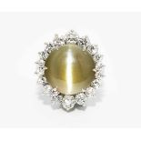 Chrysoberyll-Katzenaugen-RingBaltensperger, Zürich. 750 Weissgold. Runder Chrysoberyll-Katzenaug-