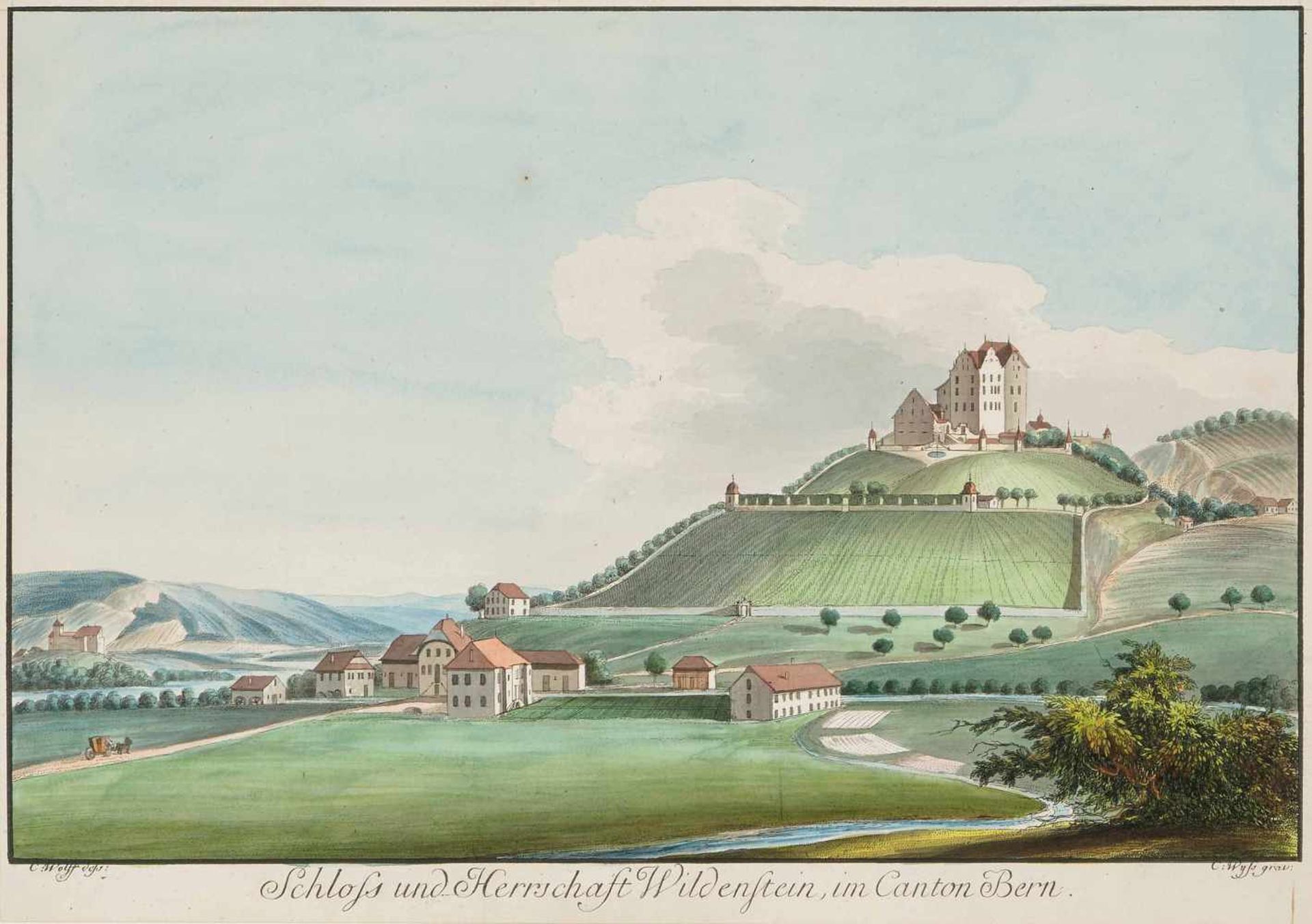 Wolf, Caspar(Muri –1783 Heidelberg)"Schloss und Herrschaft Wildenstein, im Canton Bern". Kol.
