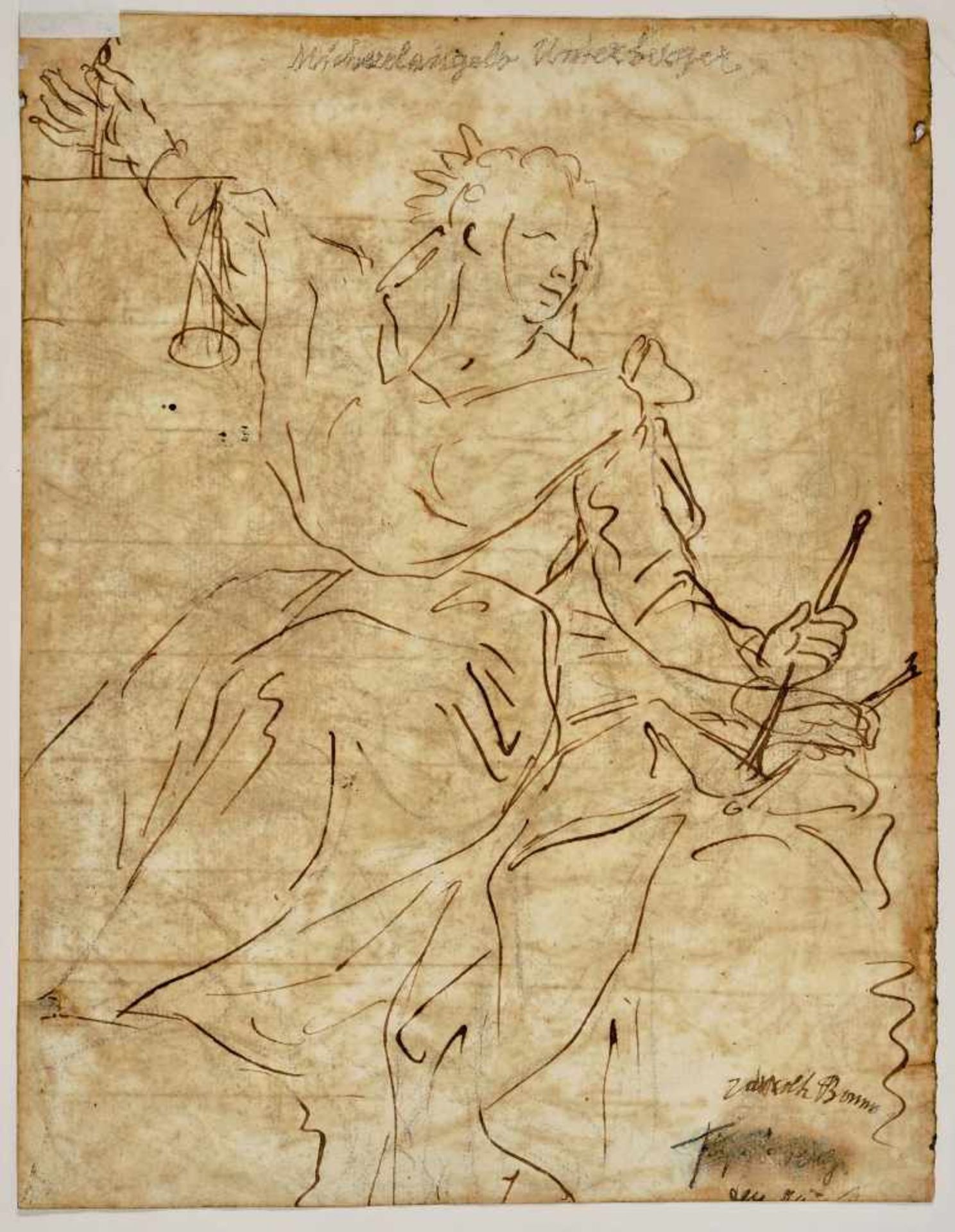 Italien, 17.Jh. Justitia. Federzeichnung in Braun über Kreide. Rs: Männlicher Halbakt mit Arm- und - Bild 2 aus 2
