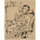 Grosz, George(Berlin 1893–1959 Berlin)"Selbstbildnis mit Hund vor der Staffelei". 1926. Unten rechts