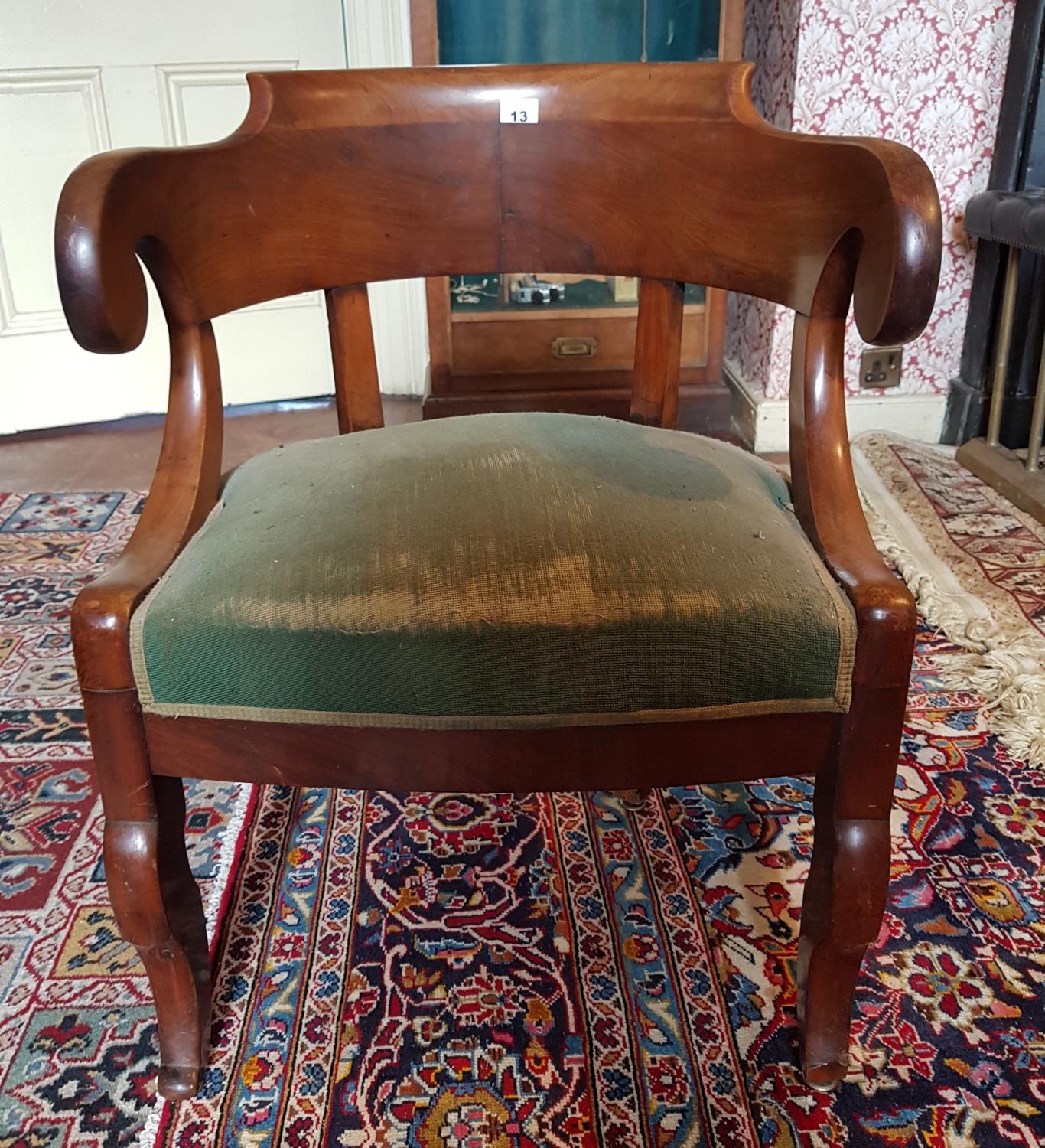 A 19th Century Mahogany Tub/Office Chair with green upholstery.