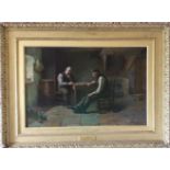 An Oil on Canvas 'Puzzled' two men seated at a table playing draughts in a cottage interior by
