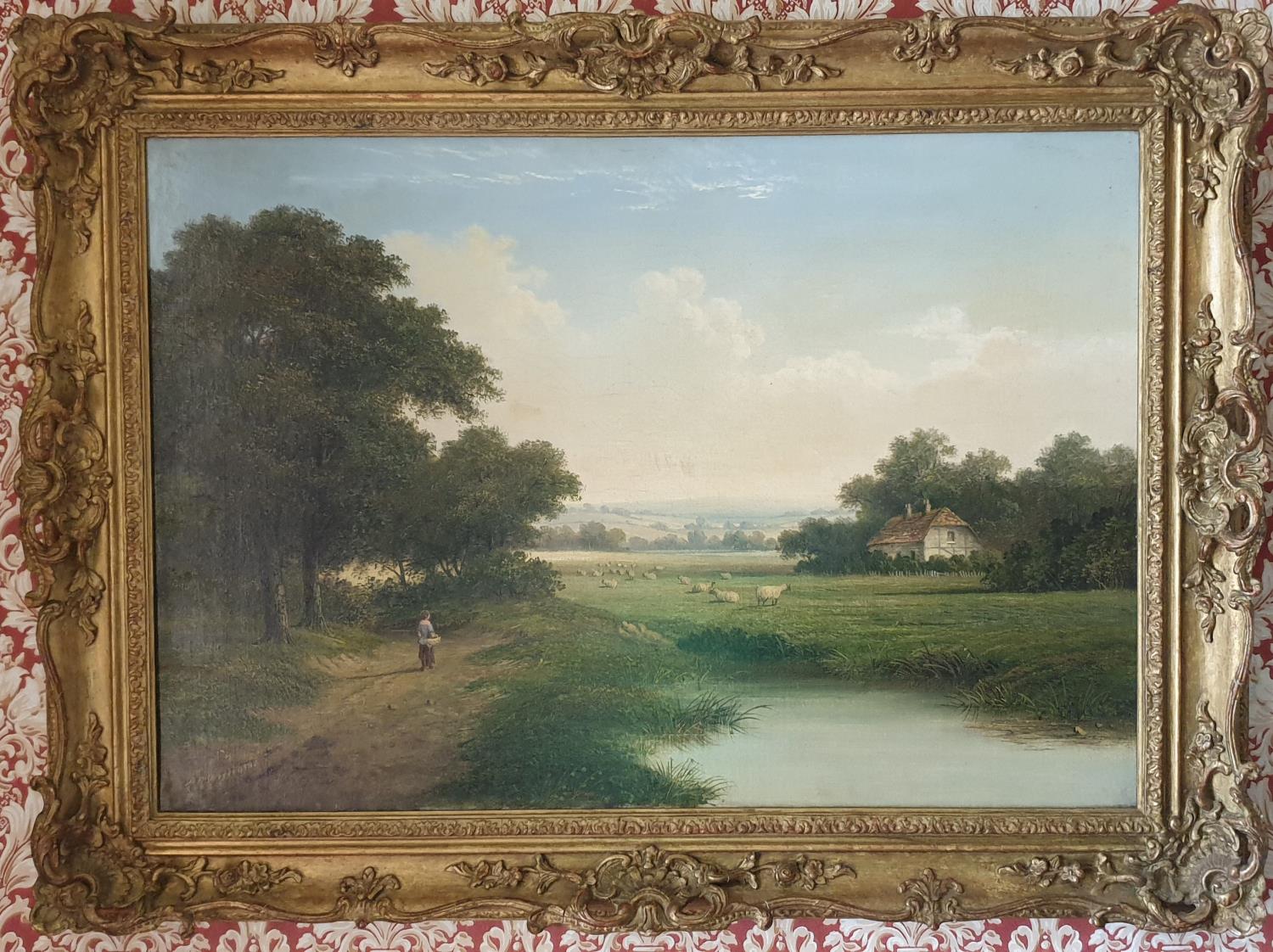 An Oil on Canvas of a Woman walking on a riverside path, with sheep resting near a cottage by Walter - Image 2 of 2