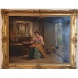 An Oil on Canvas of a Cottage Interior with a young woman seated darning a sock by an open door,