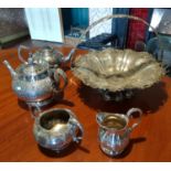 A 19th Century Silver Plated Teaset along with a Silver Plated Centre Basket.