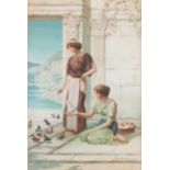 A 19th Century Coloured Print of a Classical Scene of two Women feeding birds.