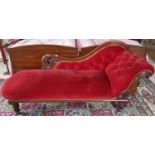 A 19th Century Mahogany Showframe Chaise Longue with burgundy upholstery. W150cm.