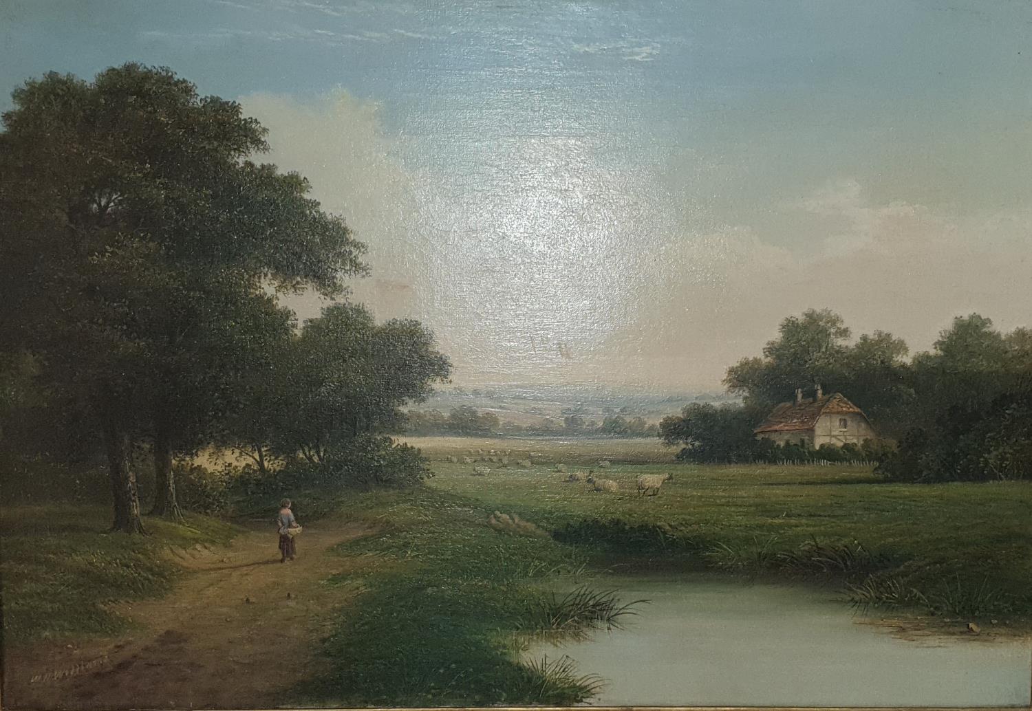 An Oil on Canvas of a Woman walking on a riverside path, with sheep resting near a cottage by Walter