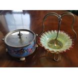 A lovely hand painted Silver Plated Biscuit Barrel along with a Vaseline plated Strawberry Dish with