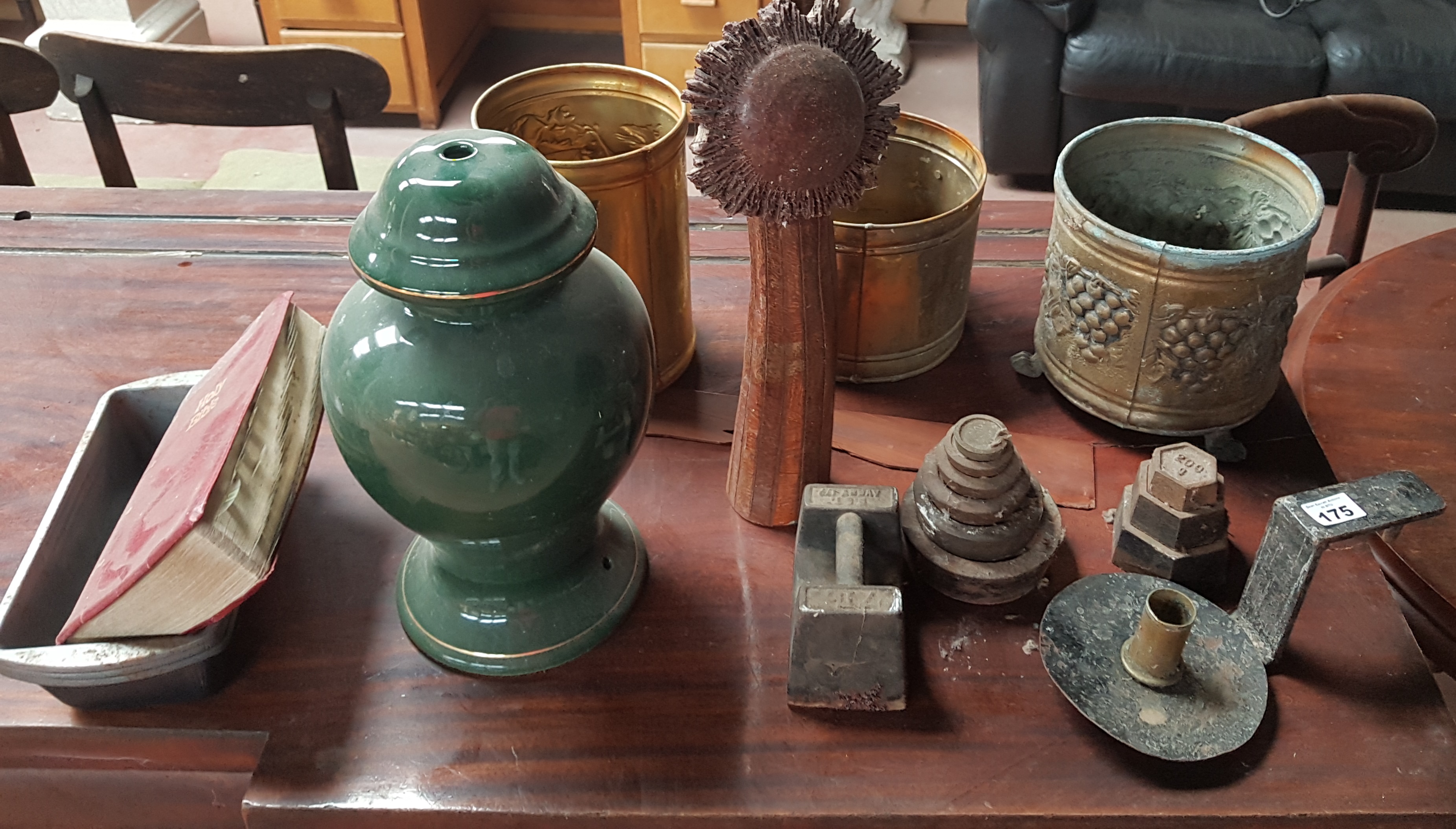 A quantity of Vintage Items to include weights.