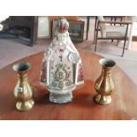 A good pair of Brass Vases(H 26cms) along with two plaster statues(H 51 x2).