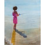 An Oil on Board of a young Girls fishing by D Marshall.