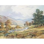 An Oil on Canvas by Don Vaughan of a River valley with cattle watering. Signed LR. 75cm x 100cm.