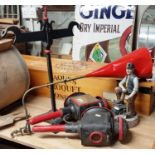 A Vintage Brass and Metal Oil/Steam Filter, a figure of a Miner along with a cast iron scales