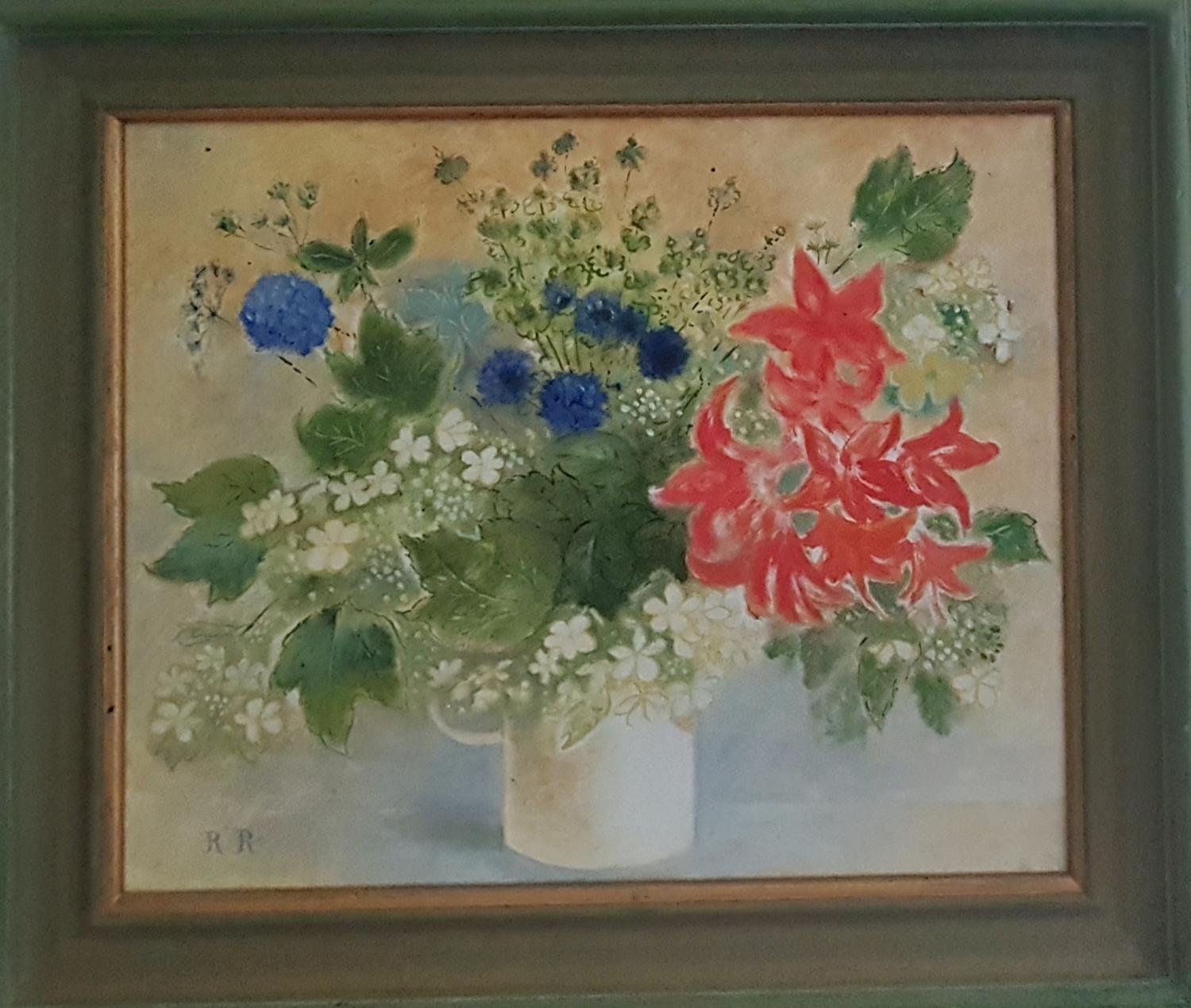 An Oil on Board Still Life of Flowers. Monogrammed RR. LL. 30cm. - Image 2 of 2