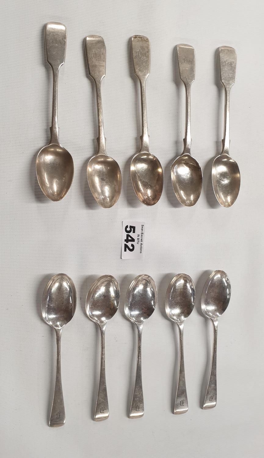 A matched set of ten English Silver Teaspoons. Various dates and makers. 8oz.