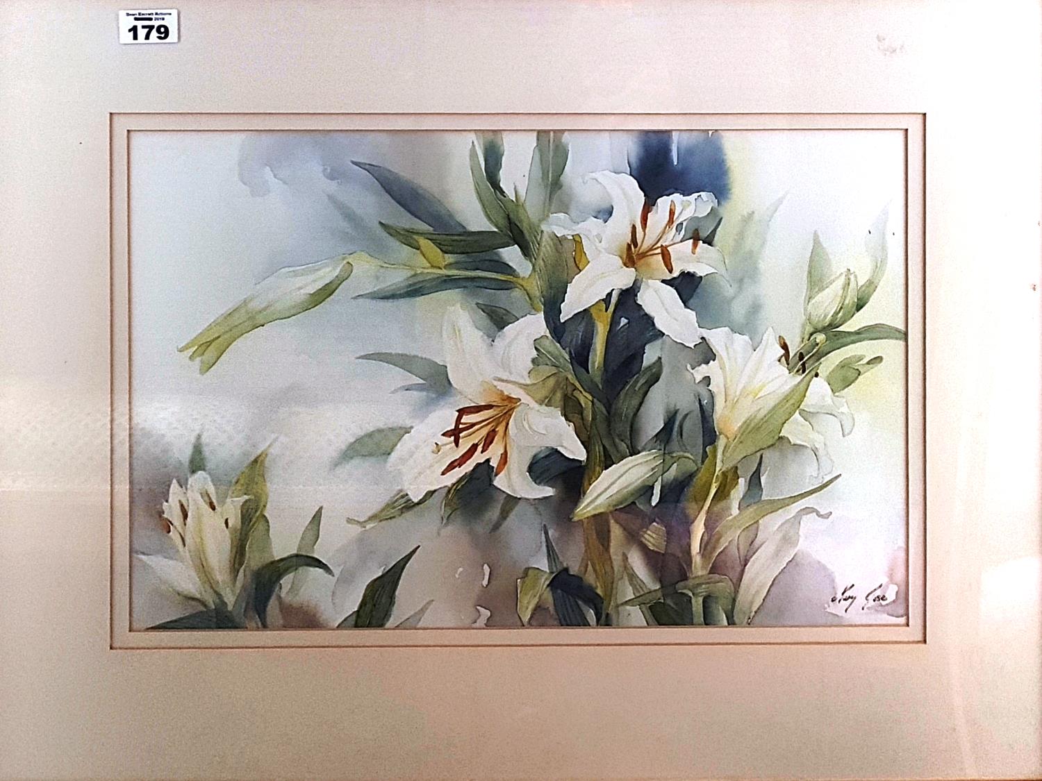 A Still Life Watercolour of Lilies by May Goose. Signed LR. 46cm.