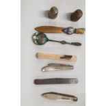 Two silver and mother of pearl fruit Knives, an eastern Spoon and other items.