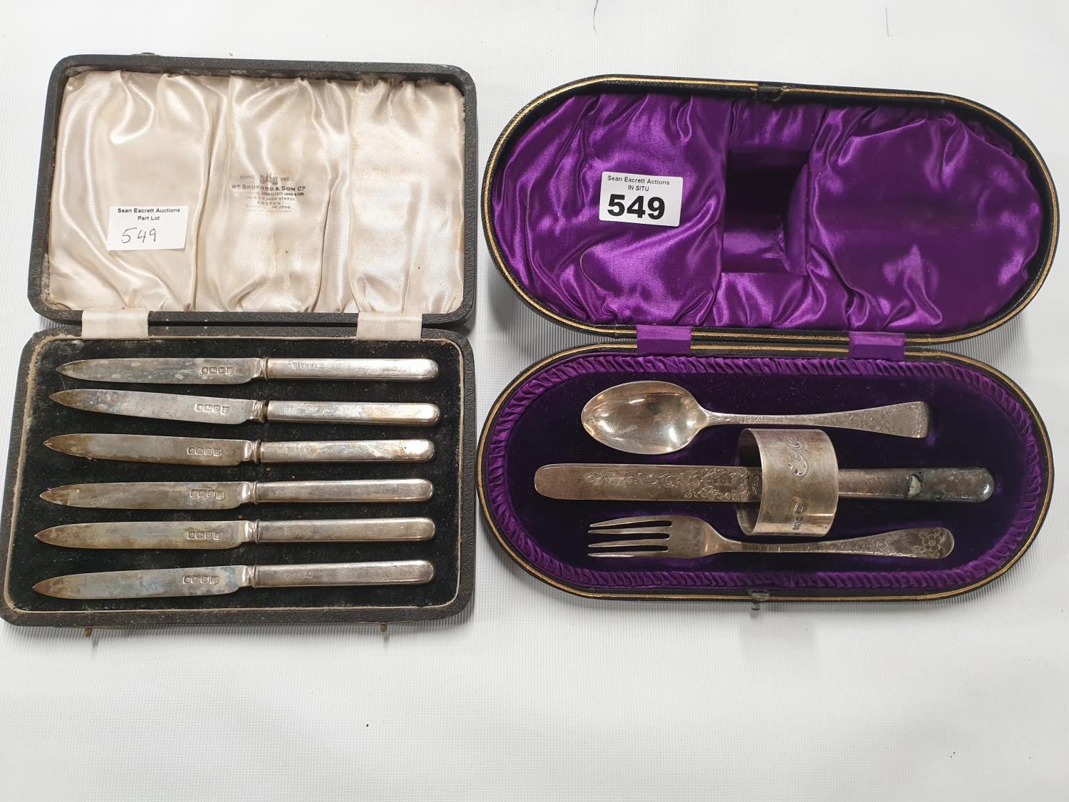 A Sheffield silver Christening set John Round, along with a set of Sheffield silver Fruit Knives.