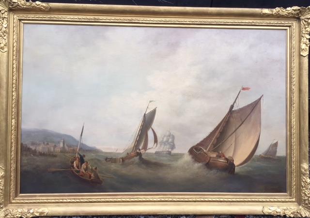 Attributed to George Chambers 1803-1840. An Oil on Canvas of Sailing Vessels and figures in a rowing