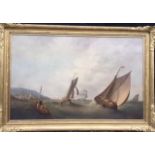 Attributed to George Chambers 1803-1840. An Oil on Canvas of Sailing Vessels and figures in a rowing