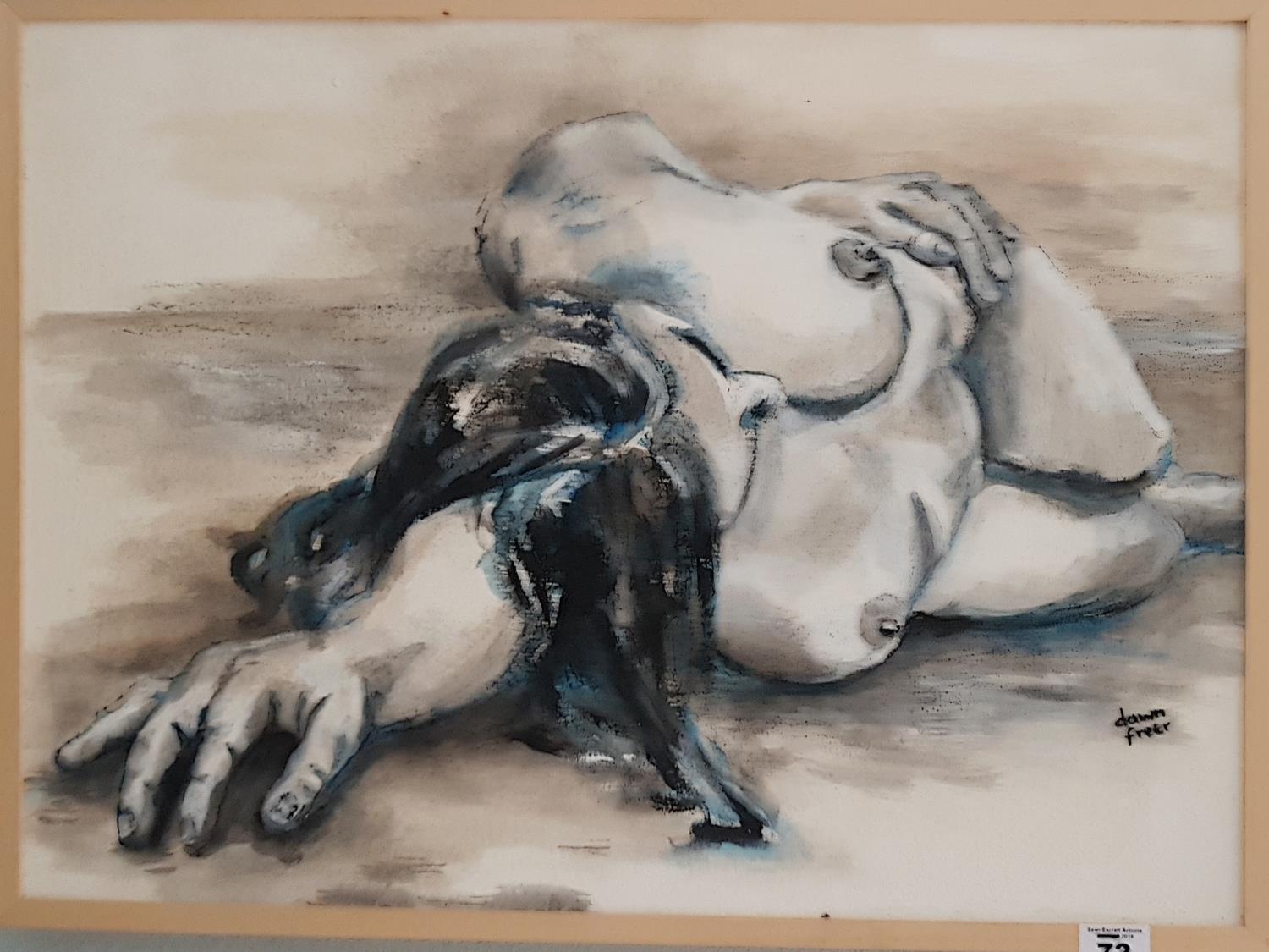 A 20th Century Oil on Board of a nude female by Dawn Freer. Signed LR. 61cm.