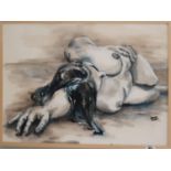 A 20th Century Oil on Board of a nude female by Dawn Freer. Signed LR. 61cm.