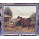 W Crampton 19th Century. An Oil on Canvas of Horses and a Goat in a stable yard. Signed and dated