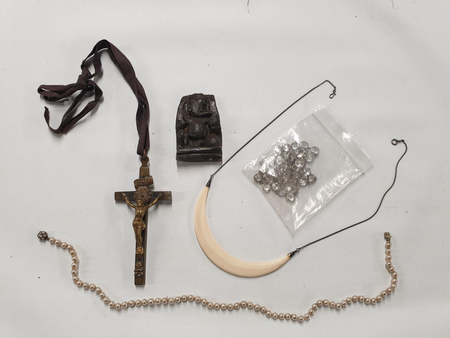 An oriental stone carved Plaque, A 19th Century Ivory Necklace and other items.