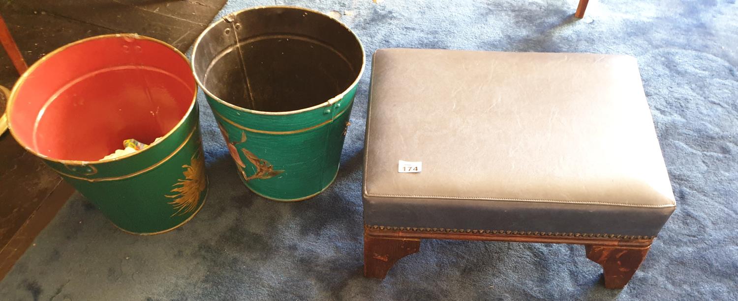 A small Stool and two decoupage Bins.