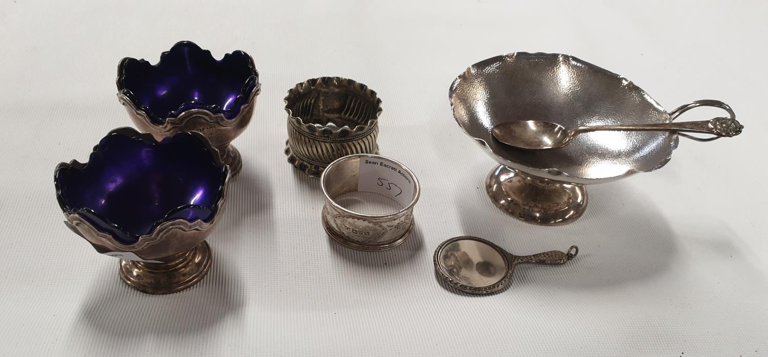 Two Irish silver Salts, West and sons along with a silver napkin Ring, Spoon & a group of Silver