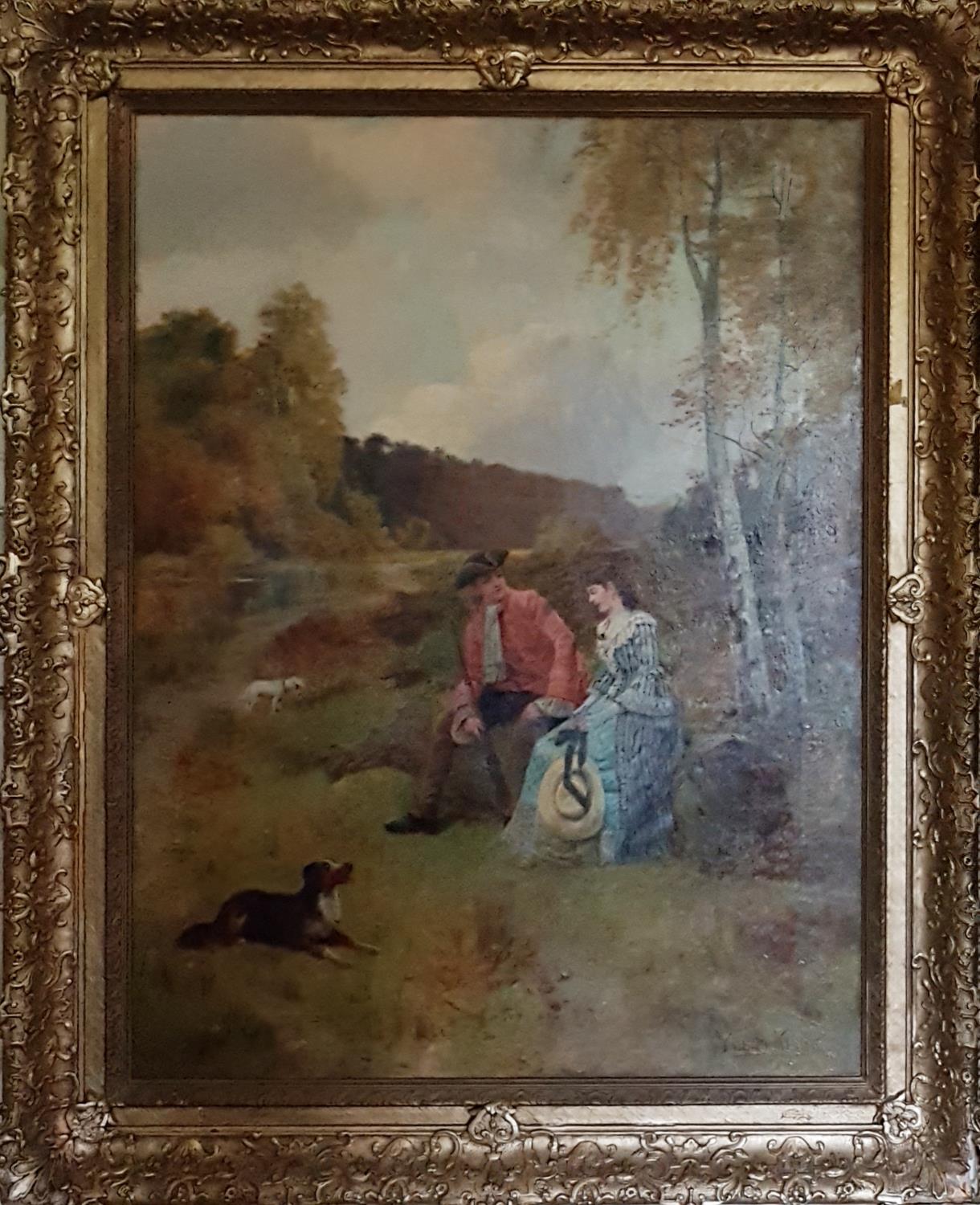 Henry John Yeend King 1855-1924. An Oil on Canvas of a Huntsman with a young Lady seated on a log - Image 2 of 2