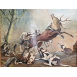 A large Oil on Canvas of hounds attacking a stag.