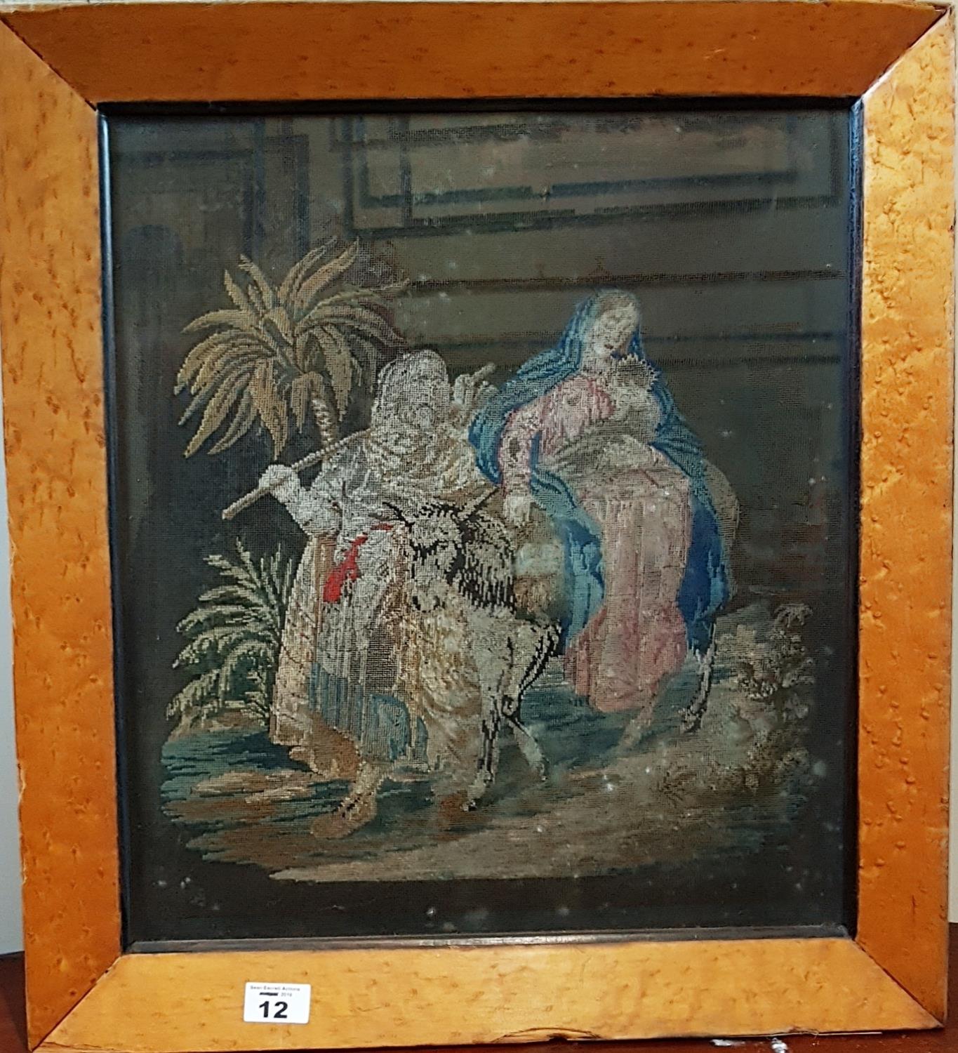 A 19th Century Tapestry in a birds eye maple frame. 39cm. - Image 2 of 3