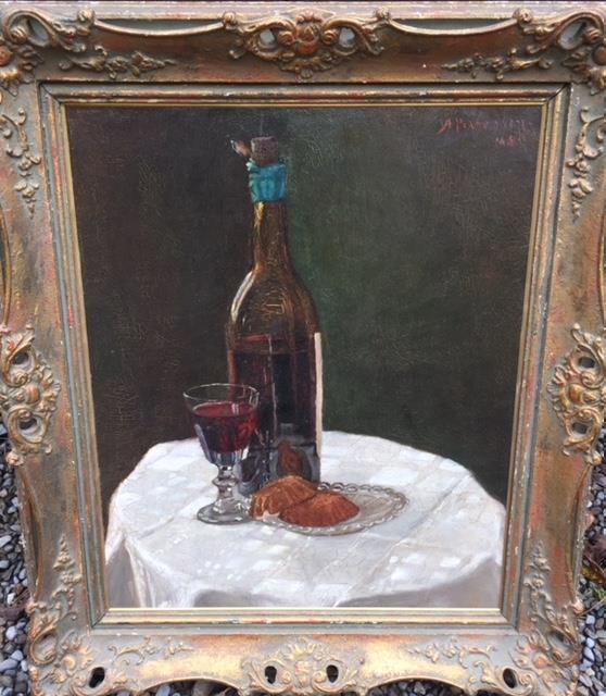 A Pederssen (19th Century). An Oil on Board Still Life of wine bottle and glass with cakes on a