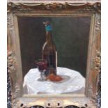 A Pederssen (19th Century). An Oil on Board Still Life of wine bottle and glass with cakes on a