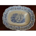 A 19th Century Blue and White Turkey Platter. 47 cms x 41 cms.