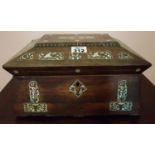 A Rosewood and Mother of Pearl Sarcophagus shaped Sewing Box.