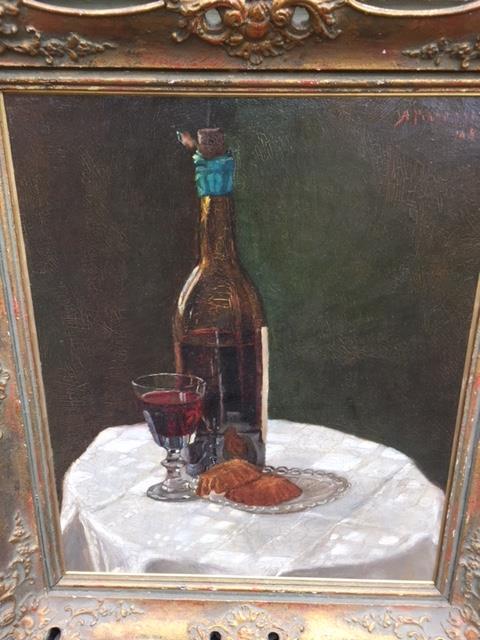 A Pederssen (19th Century). An Oil on Board Still Life of wine bottle and glass with cakes on a - Image 2 of 2